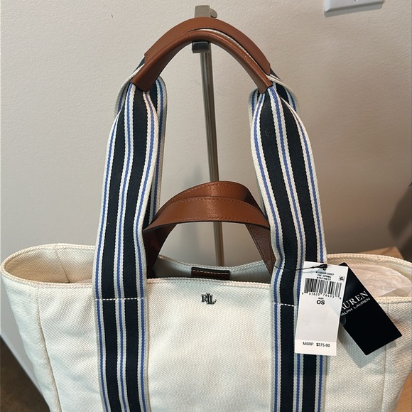 Lauren Lora Canvas Leather Off White Nautical Striped Snap Close Tote